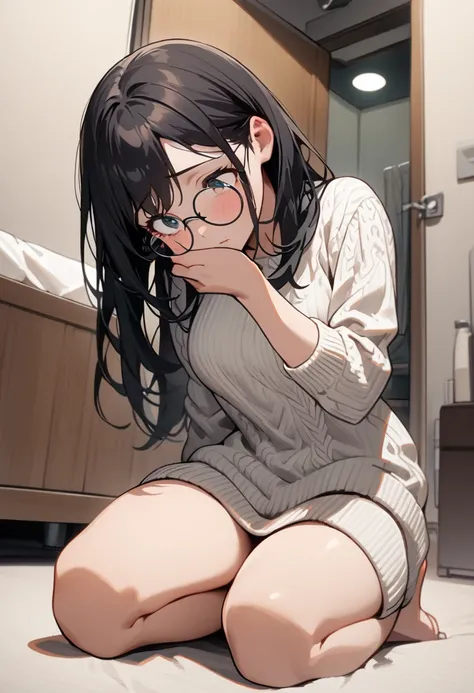 (  masterpiece on penis ,   top quality:1.2), 1 girl, Alone,  expressive eyes, Round Glasses, (Apartment Room), (((seiza))), (((Looking up))), Smart female college student ,  Short Black Hair , Beautiful breasts,  summer sweater, ( Shedding Tears and Askin...