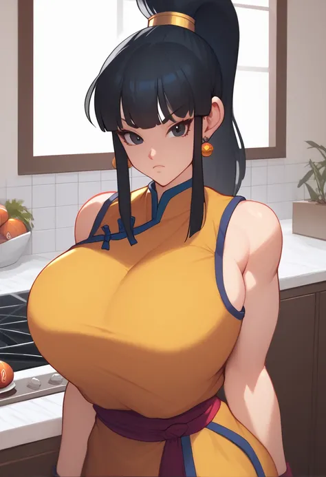 Asian woman with big boobs , black hair ponytail,huge breasts,giant breasts,  huge tits ,dragon ball art style, wearing a yellow qipao,Dragon Ball style black eyes,Serious look,huge boobs, kitchen,  Dragon Ball trace background