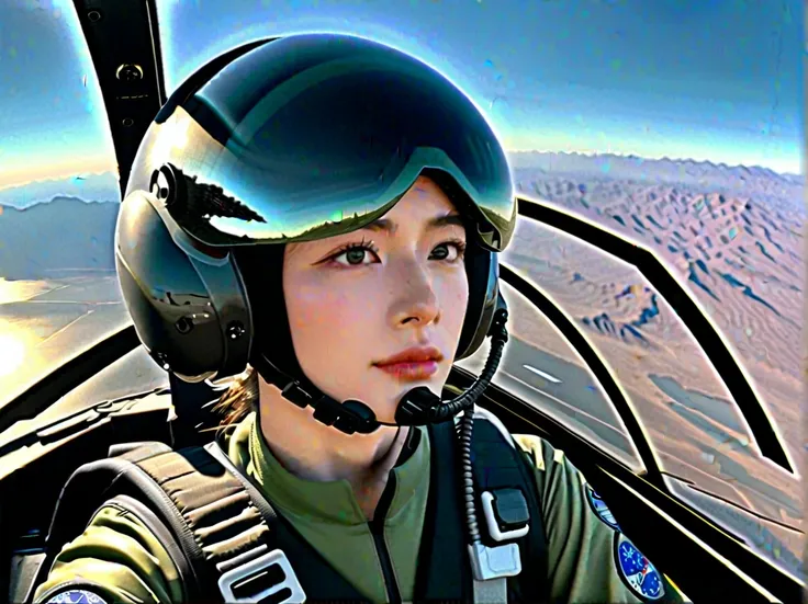 from front, A female jet fighter pilot from the future wearing a pilot helmet with LED interactive screen and HUD heads-up display on the visor, target system displayed on the visor, communication system, oxigen tube, sitting inside a F35 cockpit, jet flyi...