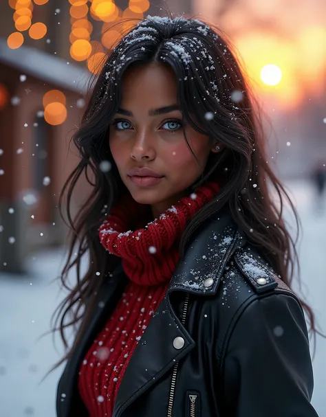 gorgeous Ebony Girl with caramel brown skin wearing a Christmas turtleneck sweater and a leather jacket, dark hair, perfect blue eyes, winter, whimsical, intricate brush strokes, beautiful lighting, intricate details, Unreal Engine, creative, expressive, d...