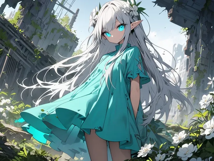 Perfect color, masterpiece, best quality, full HD, depth of field, ruins, overgrown ruins, dark, 1girl,dragon girl, pointy ears, (young girl), slim body, age 22, perfect legs, medium breast, long hair, bangs, white hair, white flower hair ornament, detaile...