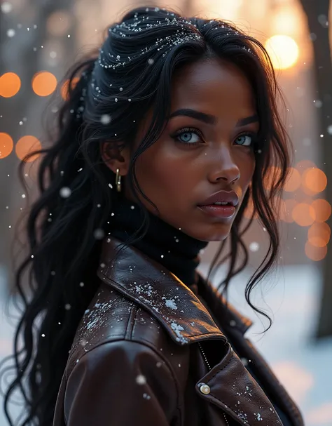 gorgeous Ebony Girl wearing a turtleneck sweater and a leather jacket, dark hair, perfect blue eyes, winter, whimsical, intricate brush strokes, beautiful lighting, intricate details, Unreal Engine, creative, expressive, detailed, colorful, digital art, un...
