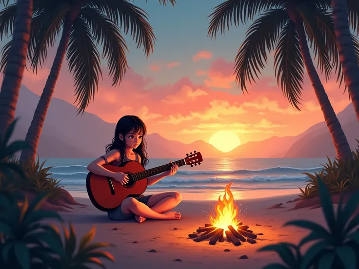 1 girl,  plays guitar, beach, sea, palm trees, Sunset, campfire , fire sparks ,