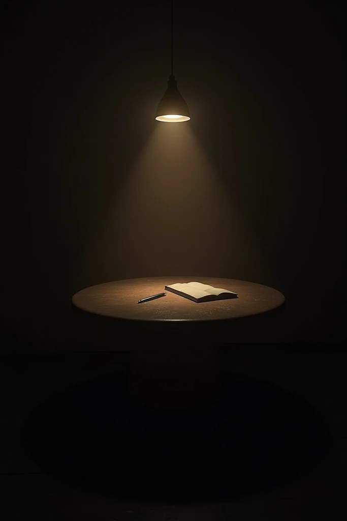 Dark room with a table and book and pen with lamp from above