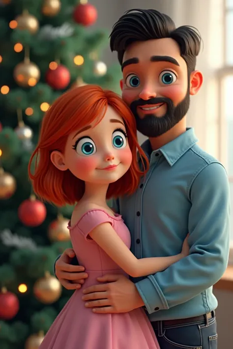 redhead girl of s with light blue eyes next to the Christmas tree in pink dress next to her father with black hair and beard and light blue eyes like her in light blue shirt