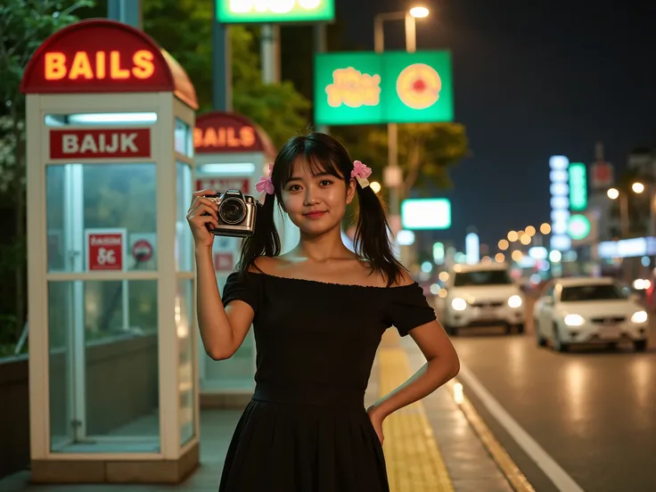 Create a high-quality, detailed scene set in a nostalgic 1980s Thai city at midnight, featuring a 23-year-old Thai woman standing on a sidewalk in a cute pose, holding a vintage Canon DSLR camera. The scene reflects the youthful energy and charm of the 198...