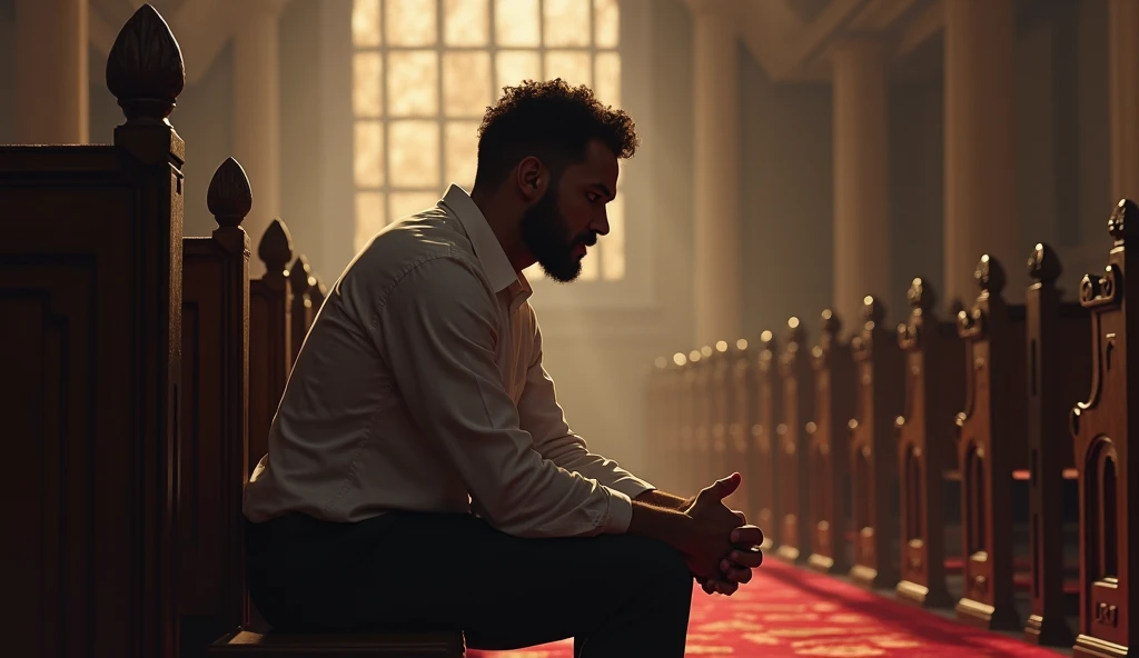 A man in love sits on a pew in front of a church and thinks that his beloved has always been the reason for his existence, and his longing for her was religion.