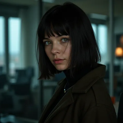 (cyberpunk military scientist:1) (1woman) dark theme :: focus on full body image, ultra realistic futuristic cyberpunk short but athletic woman, :: long black hair with bangs, a little nerdy :: inside cyberpunk office :: green eyes :: natural lighting  :: ...