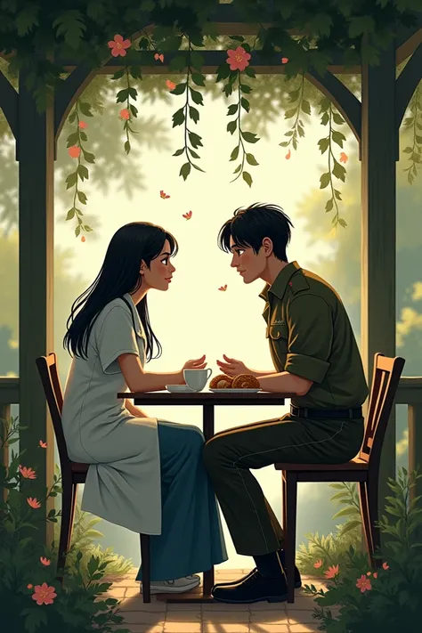  Let the woman : doctor, black hair, blue eyes, orta boylu 
Erkek: soldier, impoverished, black hair, black-eyed 

Position :  sitting in the gazebo eating tea and bagels side by side