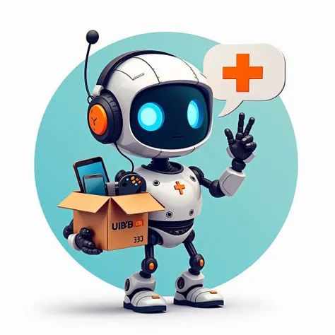 Chubby little friendly robot and a medical cross waving with one hand Create a logo for cell phone and electronic technical assistance, call "UNBOX".  In the logo is a stylized humanoid robot with a futuristic design ,  in metallic silver tones , Blue and ...