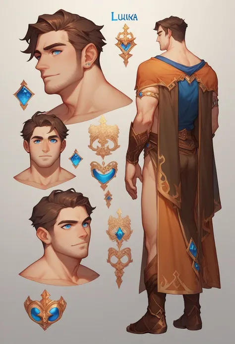 1man, reference sheet, (fantasy character design, front, back, side) manly, mage, magic user, broad shoulders, tall, lean athletic build. magical blue eyes, lengthy dark brown hair, neatly kept. flowing runic robes.