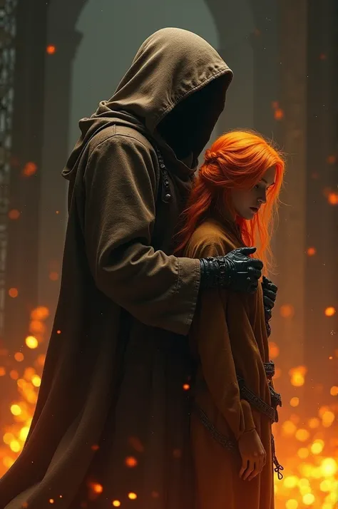  A hooded person wearing a brown person and another white person with orange hair, And let there be fire 