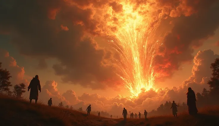 A dramatic and powerful scene depicting the sounding of the first trumpet in a divine vision. As the trumpet is blown, hail and fire mixed with blood fall from the sky, scorching a third of the earth, trees, and grass. The sky is darkened by the celestial ...