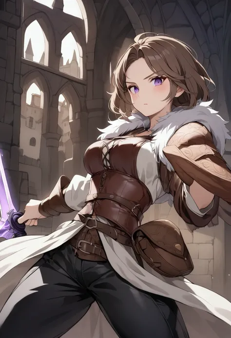 mature Cat-girl adventurer, medieval background, brown hair, intense expression, facing right, glancing at viewer, petite build, black and brown ((viking leather clothes)) with white fur details, black pants, ((wielding a magical purple sword))