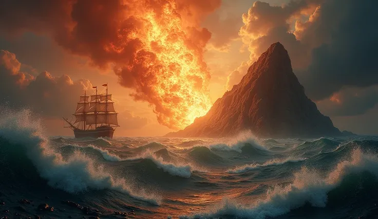 A dramatic and powerful scene depicting the sounding of the second trumpet in a divine vision. As the trumpet resounds, a massive mountain, burning with fire, is cast into the sea, turning a third of the seas into blood. The waters are dark and turbulent, ...