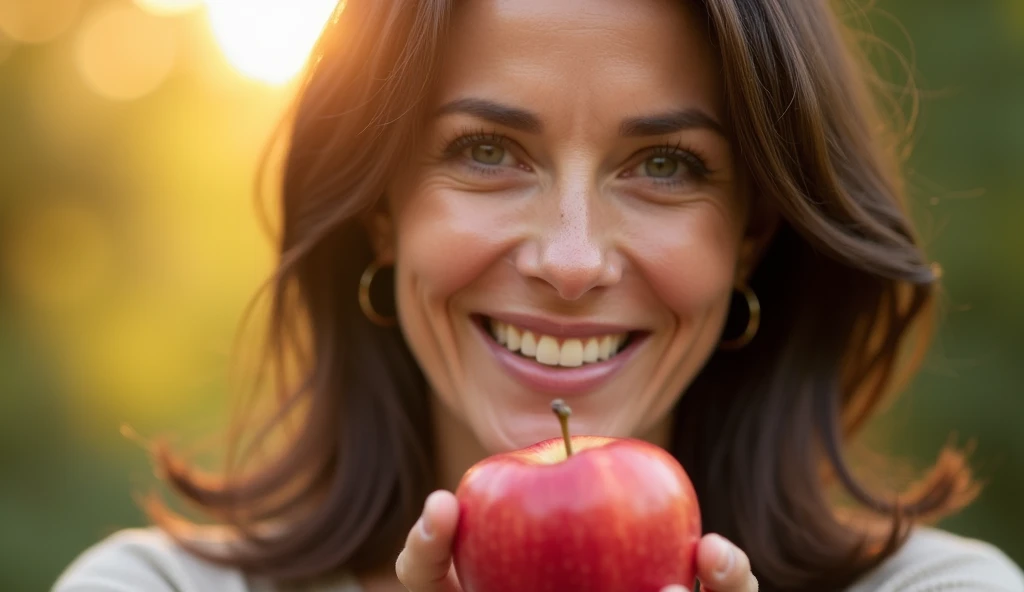 A close-up shot of a person holding a ripe, fresh apple with a soft, warm light surrounding them, symbolizing health and vitality. The person is a middle-aged woman, around 40 years old, with shoulder-length dark brown hair, light brown eyes, and a warm, i...