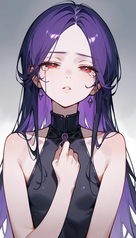 Artwork,,,,back view,adult female,single woman,alone,black and purple hair,long straight hair,sharp parted bangs,red eyes,half closed eyes,sad,full lips,expressionless,pale skin,hand over mouth,small chest,black sleeveless suit,long bangs parted in middle,...