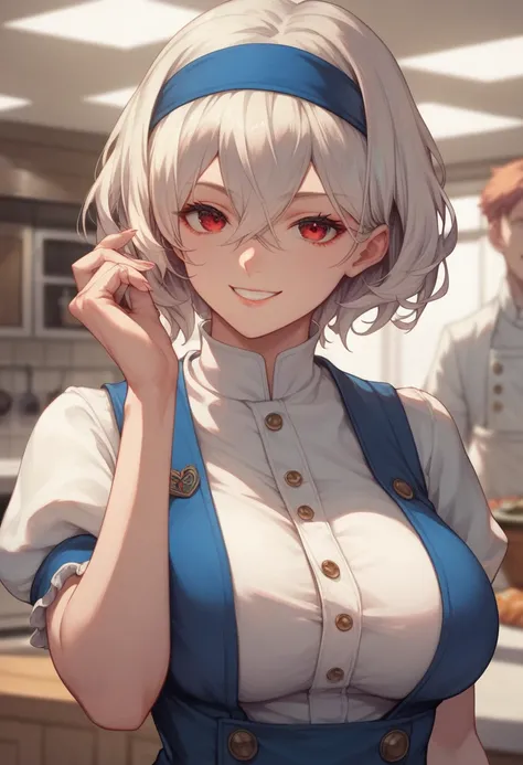 Alice,  anime art style, 1 , Alone, breasts, looking_No_viewer, smile, short_Hair, open_boca, big_breasts, red_eyes, Hair_between_eyes, upper_Body, White_Hair, :d, blurry,  chef 