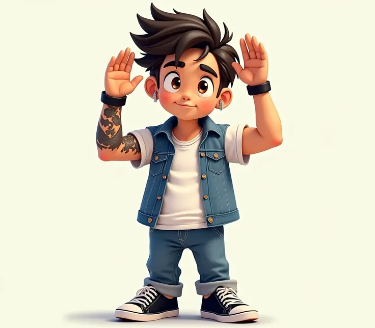  an animated character who serves as a mascot for a YouTube channel with features , gender man,  wearing denim clothing a white t-shirt with a denim vest denim pants,  black and white sneakers ,  on the right hand a black leather bracelet on the forearm a ...