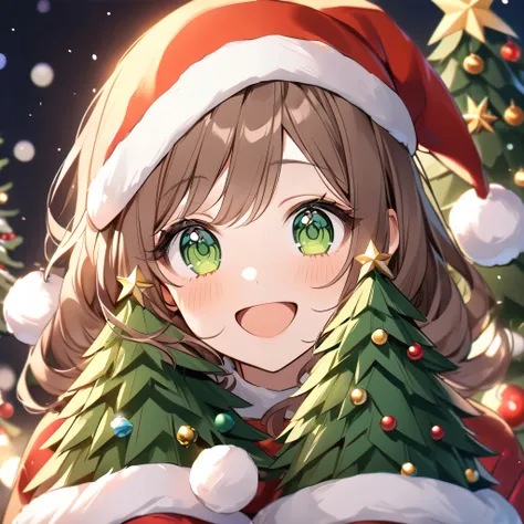 8K, Female model,  length,  wavy brown hair  ,   green eyes,     wear Christmas clothes with a Christmas-themed background ,     not very realistic Christmas tree   ,    Christmas trees that arent very real   ,  Wear a Christmas hat  ,    happy expression ...