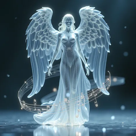 Angel body made of clear gorgeous dark elegant crystal Music lines and notes surrounded her like a wind