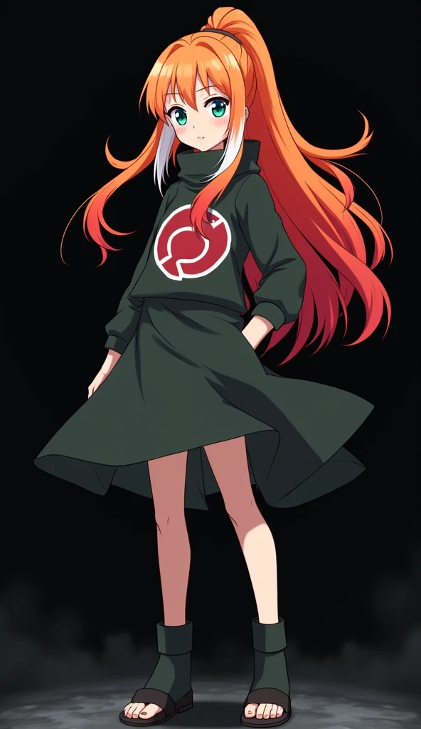 Anime style character inspired by Naruto: full-bodied girl with red, fire-colored orange and very smooth hair with two white locks highlighted on the front, similar to those of Rogue from the X-Men, light blue-green eyes without blushed skin, beautiful old...