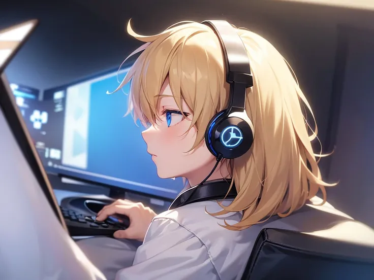 boy with blue eyes, blond hair with white spots, gaming headset and game room background, profile photo