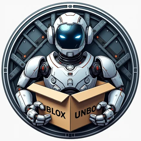  Remove the floating items around the robot and the letters on the box,  rewrite the word UNBOX , Making the most evident  