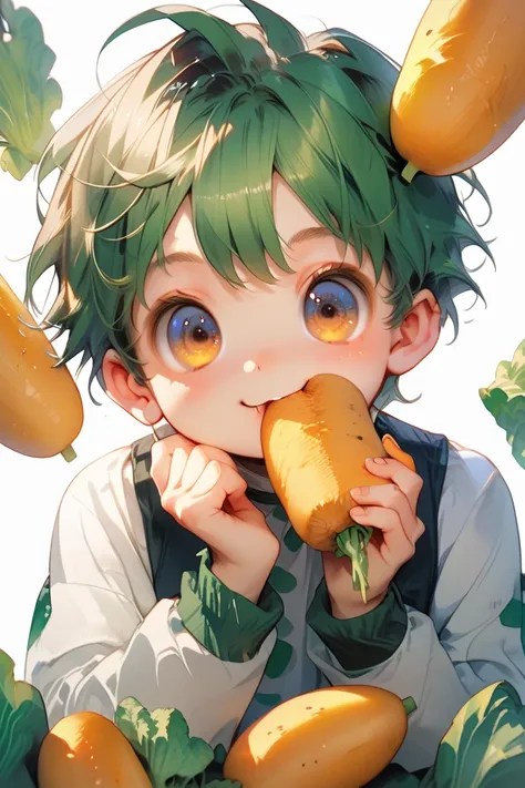 Basil motif , I have potatoes, Green hair, yellow,  cute,  big eyes,  young man with sharp face, 