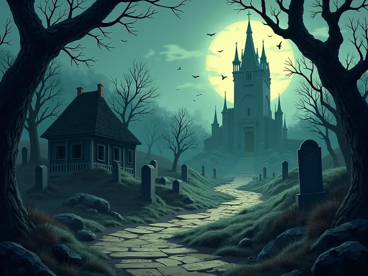  to generate an illustration in the form of a board game,  where you have to walk ten times .  Against the background of a tombstone , Coffins, house, the forest, old temple . Without living beings