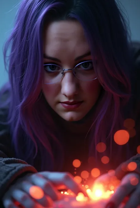 Woman long purple hair red pupils black white mexican la Caterina make-up that looks like her mouth is sewn shut glowing sparks in the foreground photorealistic leans very close to the camera and grins cheekily