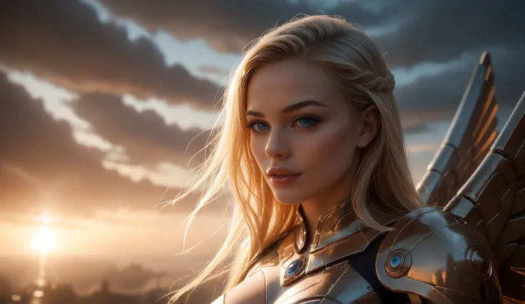  Cybernetic Goddess , Blonde Valkyrie ,  Beautiful, Detailed Eyes ,  beautifully detailed lips ,  highly detailed face and skin ,  Detailed Armor , Highly detailed machine wings ,  complex futuristic cybernetic enhancements,  Blue Light Energy ,  cinematic...