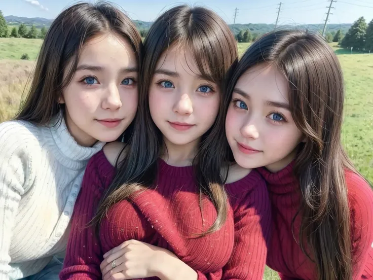 (3 girls), Young faceอินโดนีเซีย,  ,Smiling white skin  , Round chest,   Blue Eyes  ,(( wearing a red sweater with shoulders touching chest))  masterpiece ,   measurements , 8k, Beautiful girl, Young face、 photography, Cute face, Thigh,In the grassland, Sh...