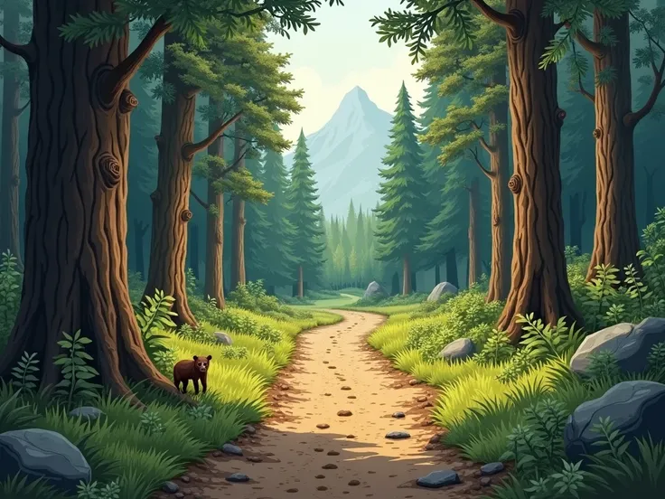  A dirt trail in an enclosed forest and show only the path and the forest,  show some harmless animals and trees scratched by bears , But dont show the bears in a beautiful and realistic image with a touch of drawing