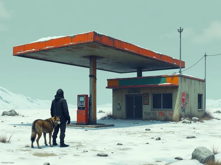 gas station in a desolate environment in a post-apocalyptic snowy environment with a hooded man with a wolf dog 