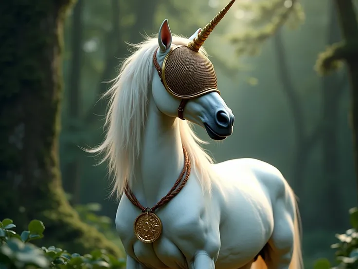 Un licorne, une medaille autour du coup, elle porte un masque descrime sur sa tête 

