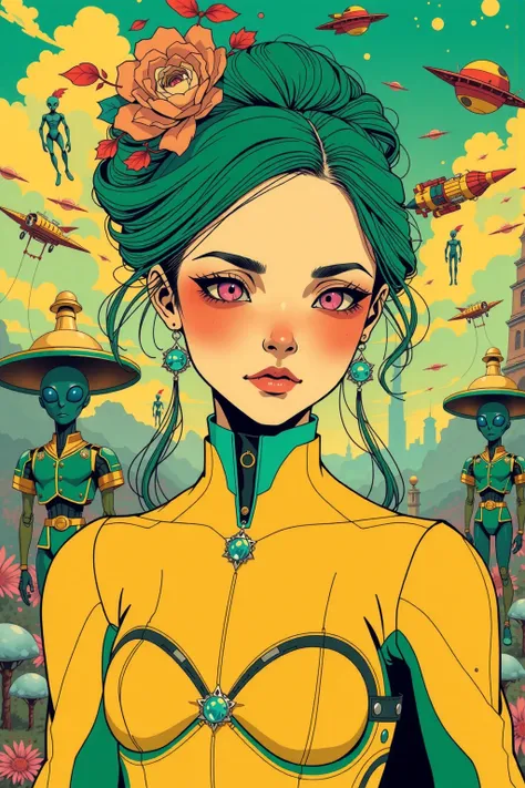 ((best quality)), ((masterpiece)), (detailed), perfect face of cyberpunk mecha japanese girl, neon pink eyes, neon green body, neon green hair, ((monochromatic neon pink, yellow, and green color palette)), surreal, art nouveau, in the illustrative style of...