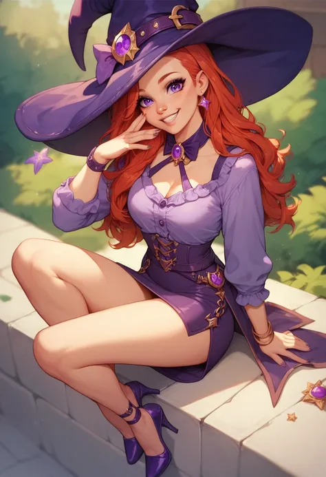 beautiful and cute redhead girl with long red hair, purple eyes, purple shirt, dark purple skirt, purple witch hat, purple heels, cute smile