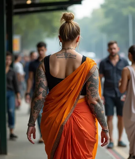 A striking Ukrainian woman with a fitness-plus-sized figure strides confidently at the bus stop. Her fair skin contrasts against the bold tattoos that cover both of her left arm , telling stories of strength and resilience. Her golden short ponytail bounce...