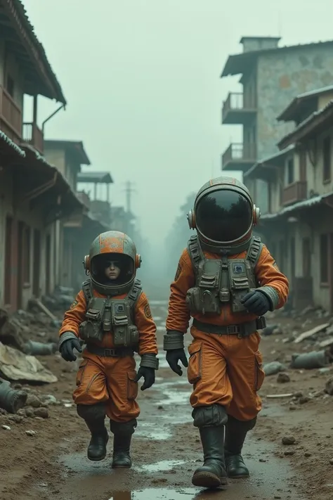 A apocalyptic village there are one teenage boy and girl wearing spacesuit