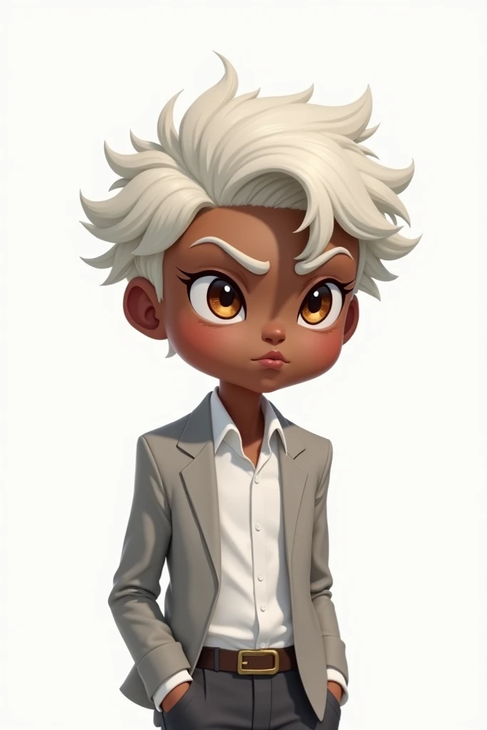  chibi, Serious young man,  medium white and wavy hair ,  expressive amber eyes , medium dark skin ,  white shirt and light gray blazer white background 