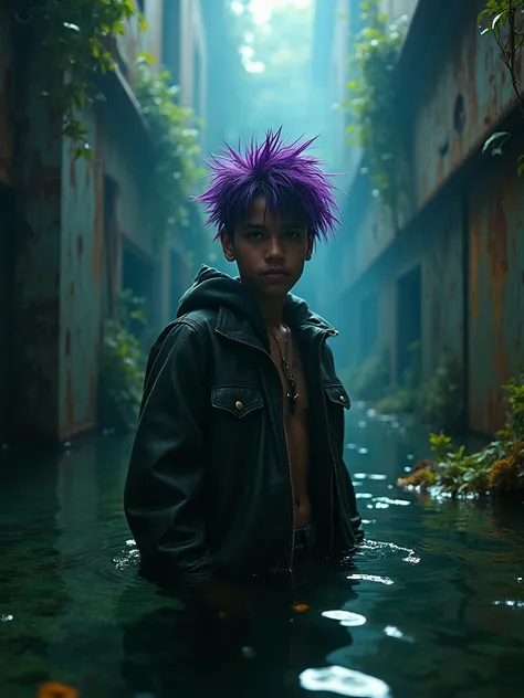 a realistic 16-year-old nepali punk boy, with purple hair punk-style, standing up, submerged, dramatic lighting ,  cinematographic composition  , dark and melancholic atmosphere,sombrio,submerged, rusting ,deep,marine life],aquatic plants , photorealistic ...