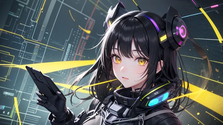 from future intelligence, technology background, complex mystery, unexpected variables, sudden result, strange things, transient waves, light fog, colorful signals, confident look, space black pioneer dress, yellow eyes, black hair