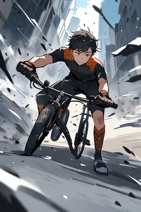 A young man rapidly pedaling his bike on the road