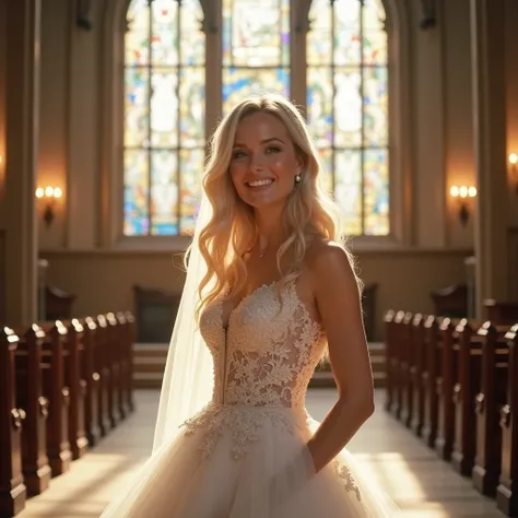 Blonde dressed as a wedding,  hottie,  at the church on the Altar ,  from the front  