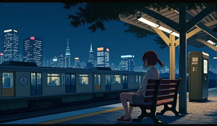 
 anime girl sitting on a bench at a train station at night, an image inspired by Makoto Shinkai , Trending on PIXIV,  conceptual art, anime movie background, beautiful anime dinner, tokyo anime dinner, ( ( Makoto Shinkai ) ), anime.  soft lighting ,  scre...