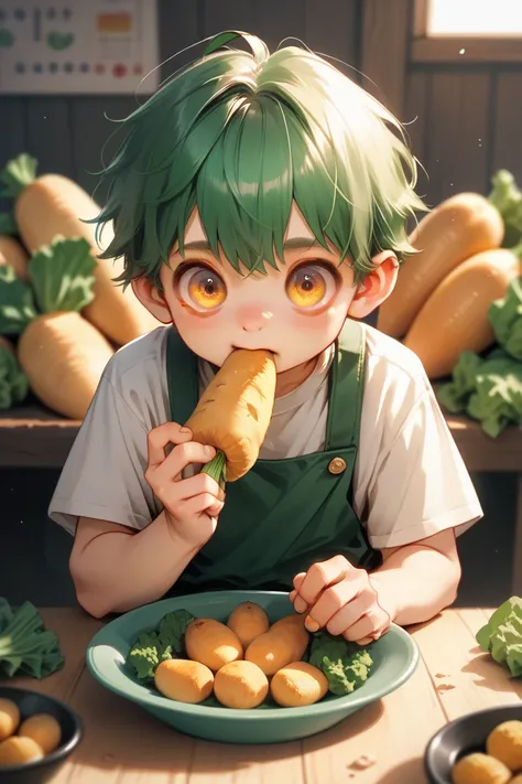 Basil motif , I have potatoes, Green hair, yellow,  cute,  big eyes,  young man with sharp face, 