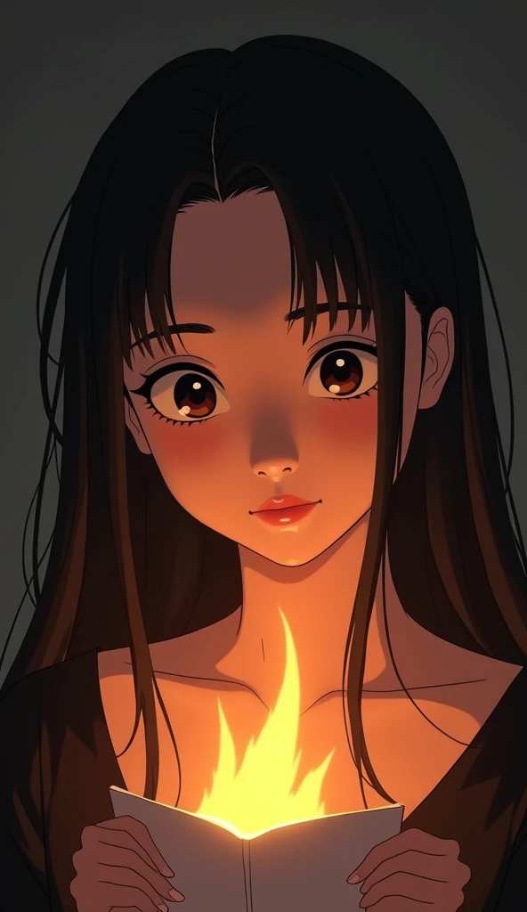 in a minimalist webtoon style, in a Korean style Close-up of the face of the woman with long black hair as she burns a letter with flames, the fire illuminating her features in three different scenes. she wears a black dress, captured from multiple angles ...