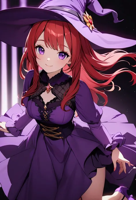 beautiful and cute redhead girl with long red hair, purple eyes, purple shirt, dark purple skirt, purple witch hat, purple heels, cute smile