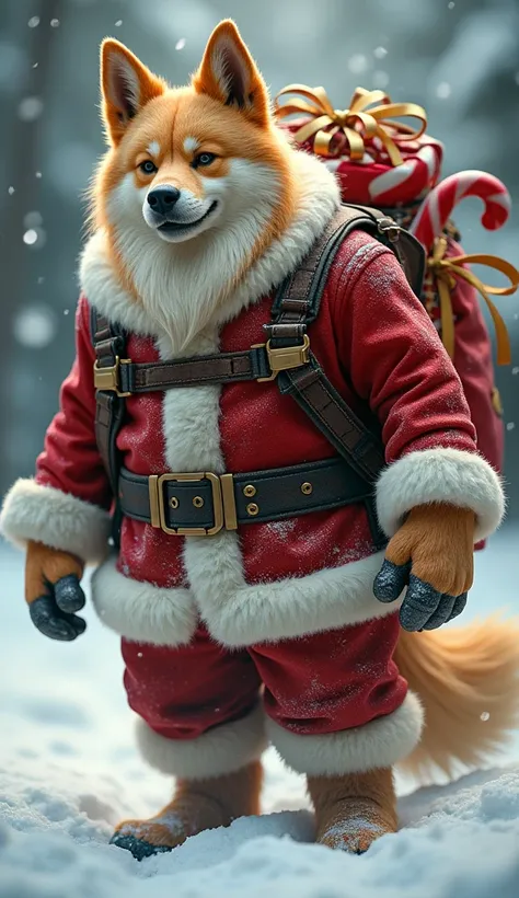 A hyper-realistic fusion hero blending Santa Claus’s festive charm with the loyal strength of a dog. The figure has a robust humanoid body covered in short, golden fur, dressed in a red and white Santa-inspired suit modified to fit their canine features. T...